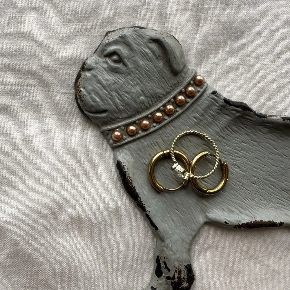 Vintage Cast Iron Pug Ring Jewelry Dish Patina